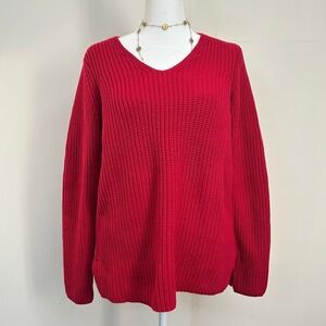 Coldwater Creek Red V Neck Ribbed Knit Sweater Women's PS